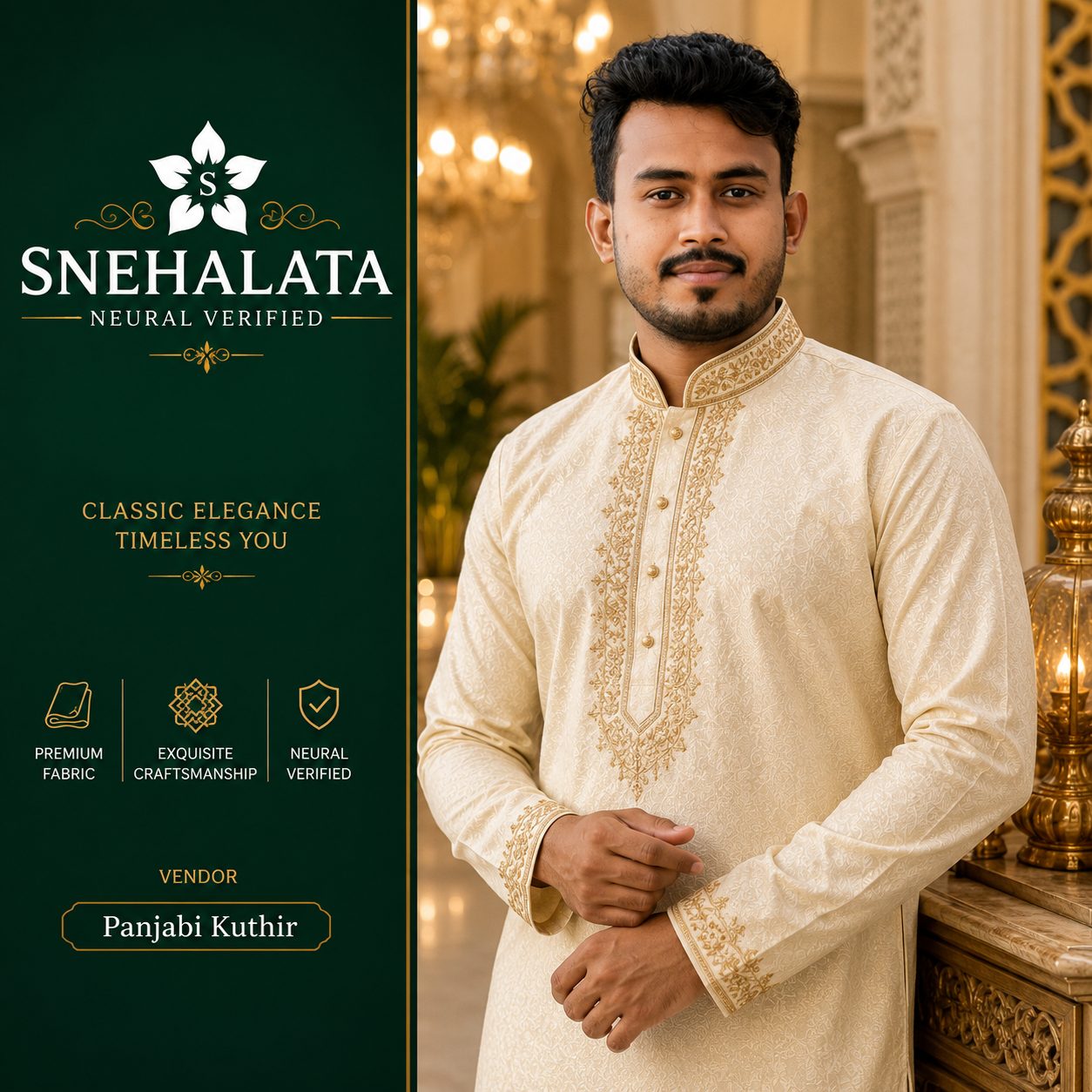 Elegant Cream Silk Panjabi with Golden Embroidery