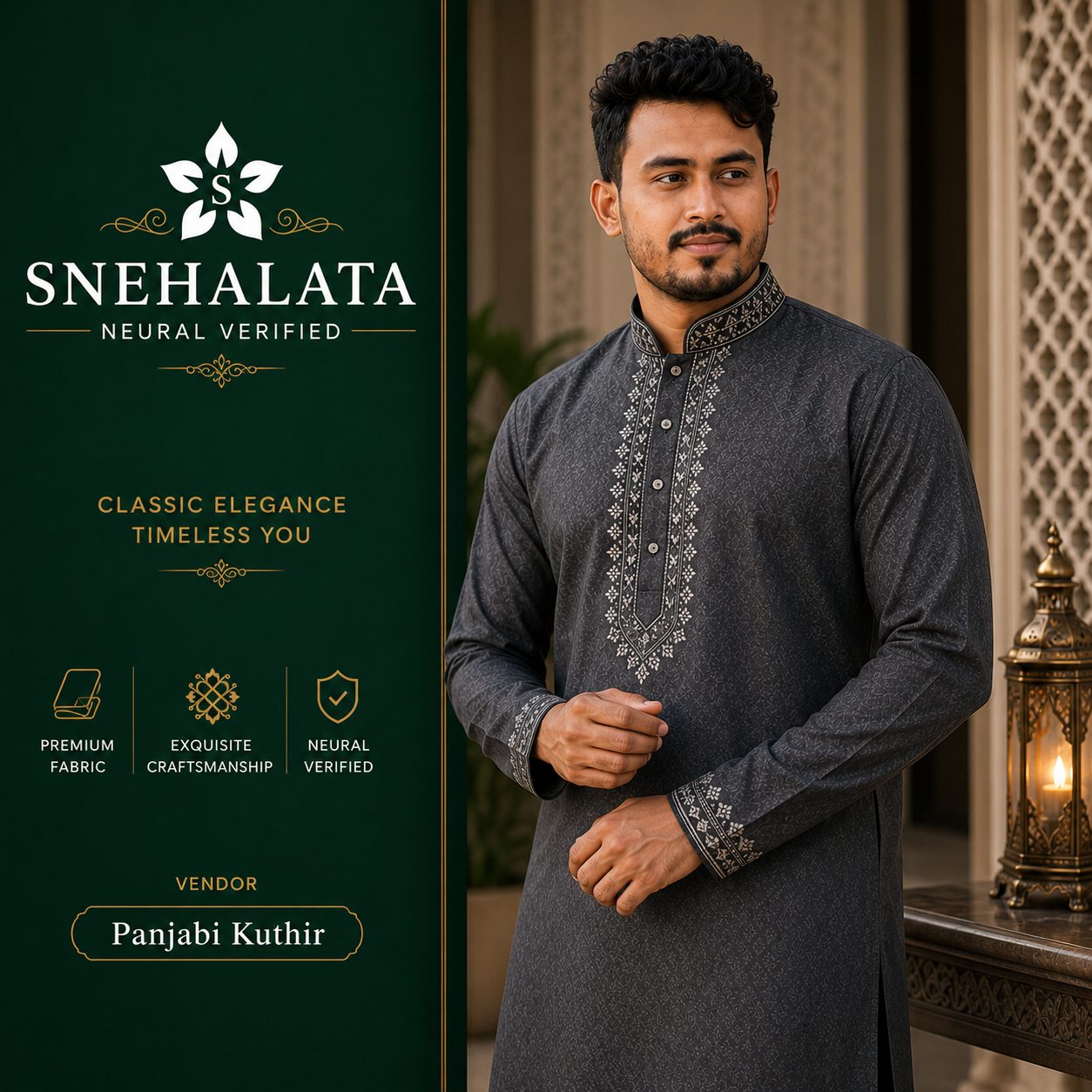 Sophisticated Charcoal Grey Embroidered Men's Panjabi