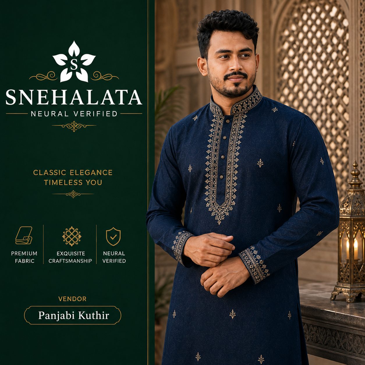 Elegant Deep Blue Embroidered Premium Panjabi