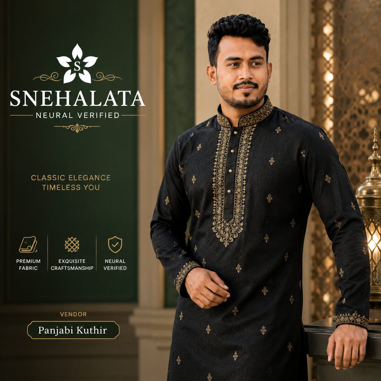 Regal Black Panjabi with Gold Embroidered Accents